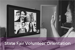 [ai] A woman waving during a virtual meeting on a computer screen. The screen shows four participants smiling and waving back. The image is titled "State Fair Volunteer Orientation" at the bottom.